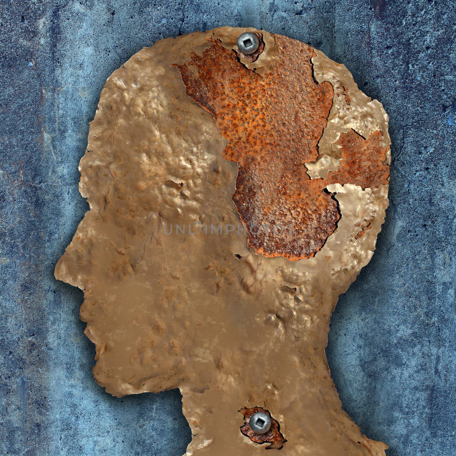 Dementia and aging as memory loss concept for brain cancer decay or an Alzheimer's disease with the medical icon of an old rusting piece of painted metal in the shape of a human head with rust as losing mind function.