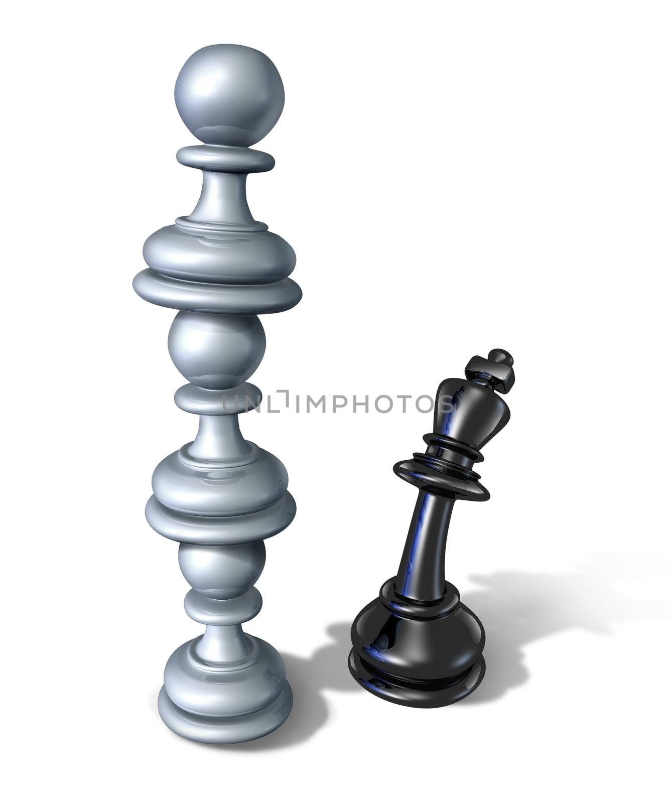 Business team symbol and teaming up to defeat a powerful opponent with three chess pawns stacked one on top of each other forming a strong partnership that towers over the fearful king as a winning financial strategy.
