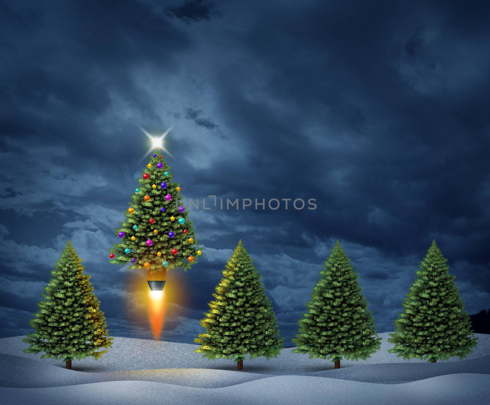 Holiday excitement and christmas season joy with a group of pine trees in a night time snow covered landscape and a decorated tree with shinning lights blasting off and jumping up in to the sky as a concept of seasonal cheer.