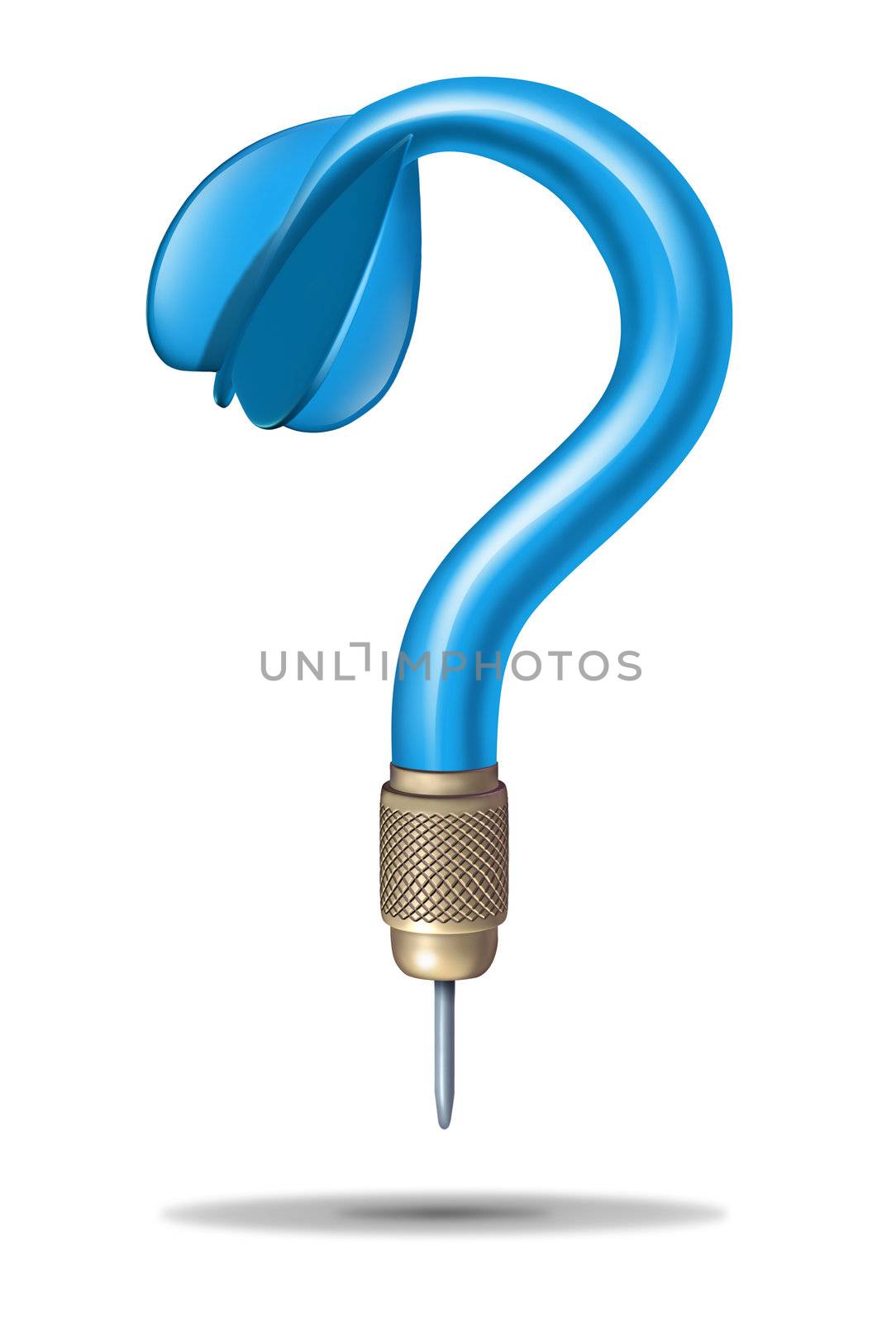 Strategy questions with a blue dart in the shape of a question mark as a business or health symbol of uncertainty and confusion in deciding where to aim and target the right goals to find answers and solutions.