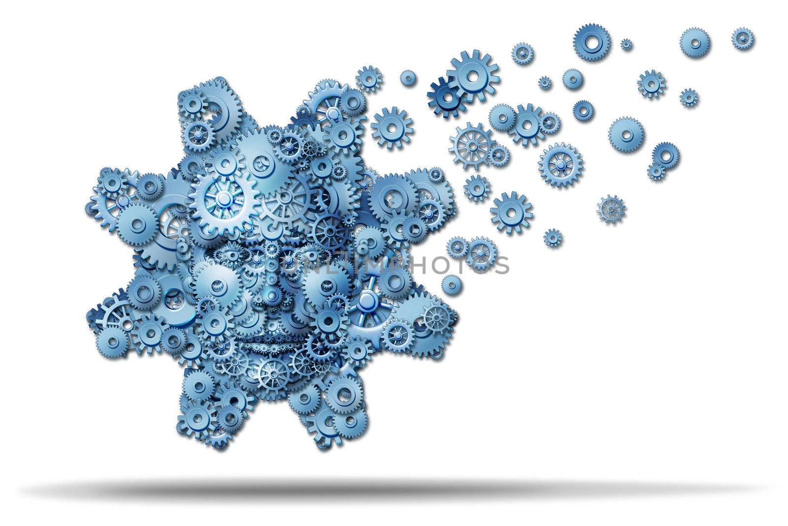 Business education and corporate training with gears and cogs shaped as a giant gear with a human face symbol spreading knowledge and teaching financial skills for career growth on a white background.