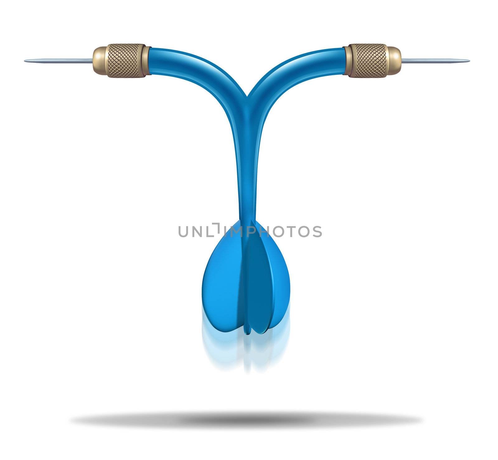 Financial diversification to reduce risk in investing with different portfolios and goals as a blue dart with two heads with diverging paths going in opposite directions as a crossroad symbol on white.