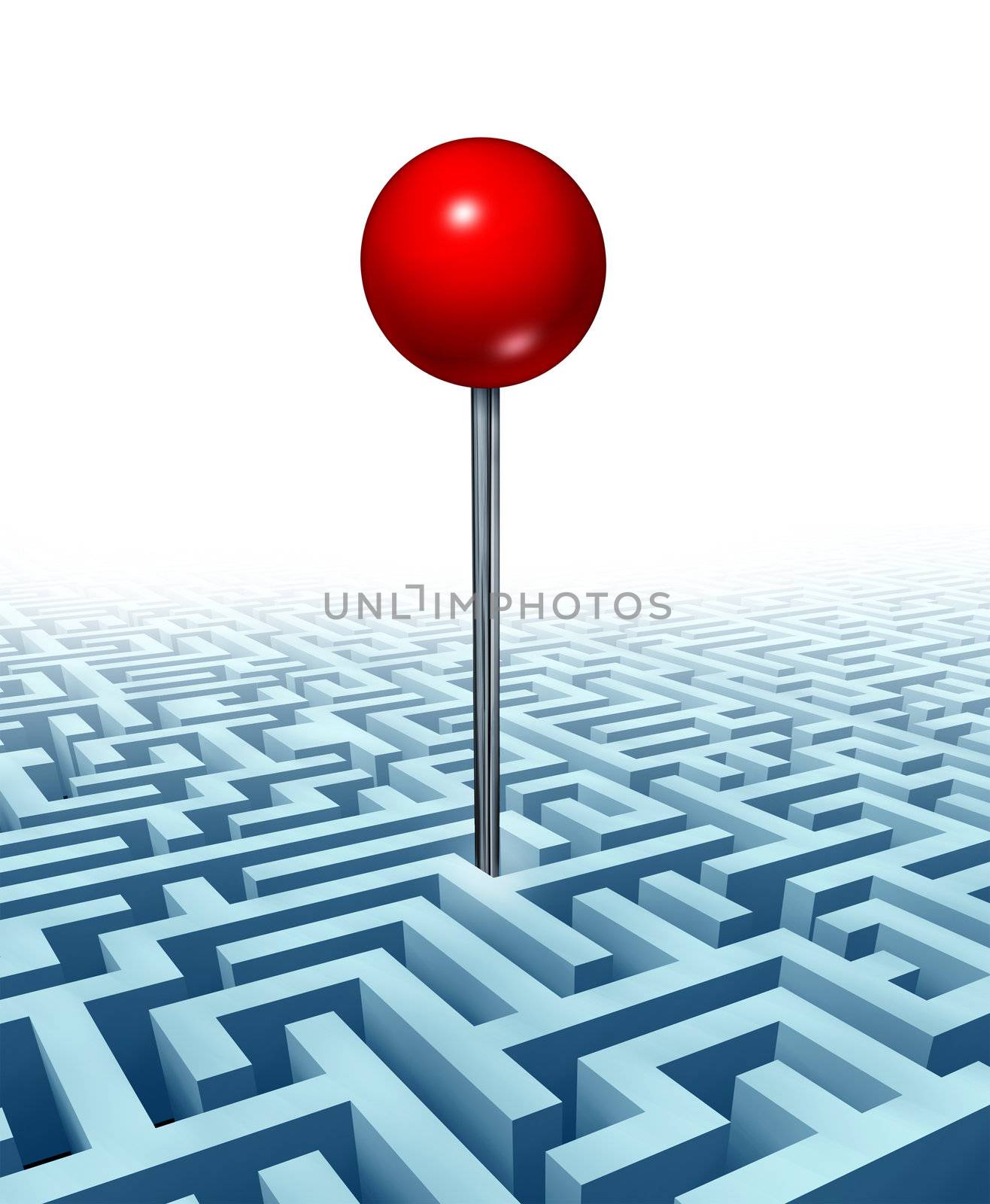 Finding your goal in life and in business with a concept of a red location direction pin in the middle of a complicated three dimensional maze or labyrinth as a symbol of searching for success from challenges on white.