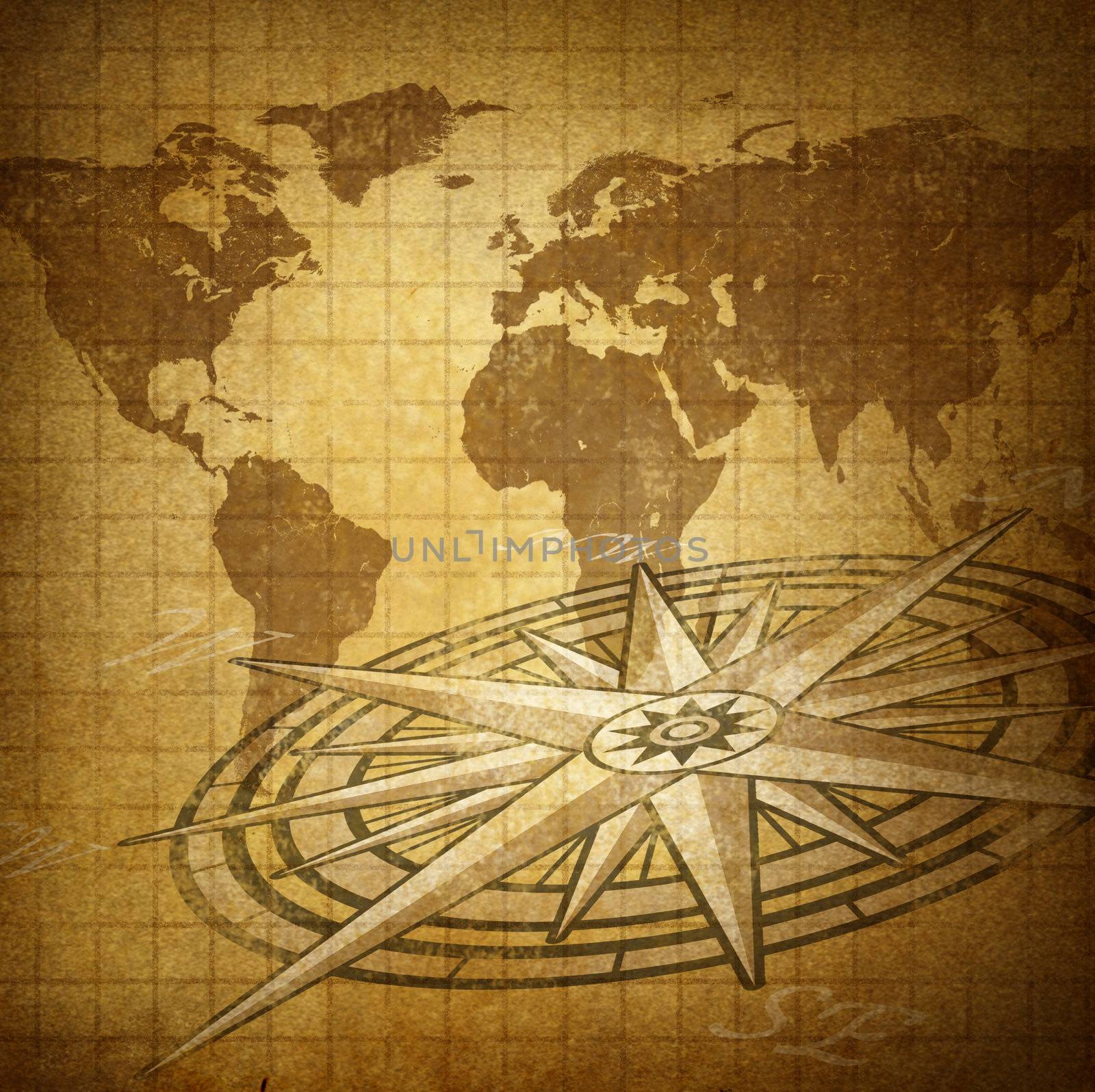Global direction and world trade business with a rustic grunge map of the earth and a compass as an international symbol of making financial investing decisions and deciding where to invest. or travel to
