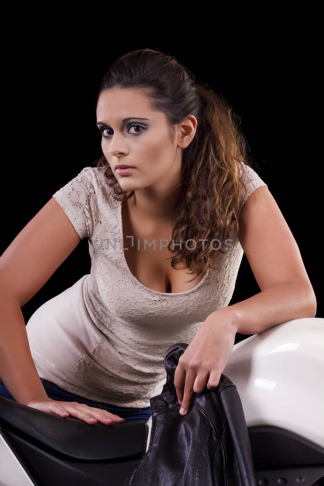 beautiful girl next to a white motorbike  by membio