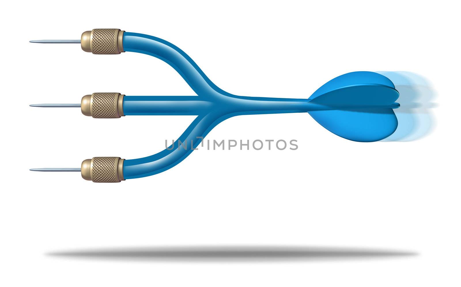 Increase your success through partnership and togetherness with a common target as a flying blue dart with three heads pointing to a shared strategy for financial wealth on a white background.