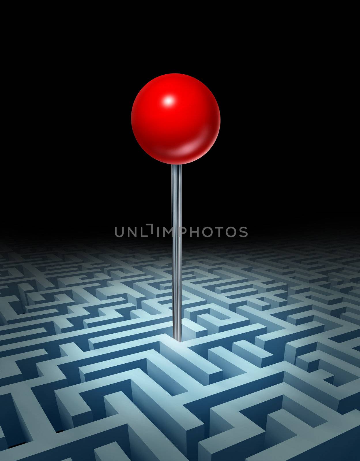 Overcome the obstacles and knowing where your goals are with a complicated three dimensional maze or labyrinth with a red location pin showing the place to be as a result of planning and strategy on black.