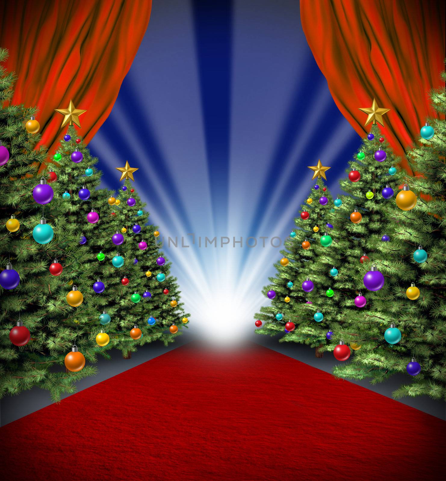Red carpet holidays with curtains and Christmas trees with decorative ornaments for a Hollywood winter season premier and grand opening movie celebration and new year blockbuster theatrical performance.