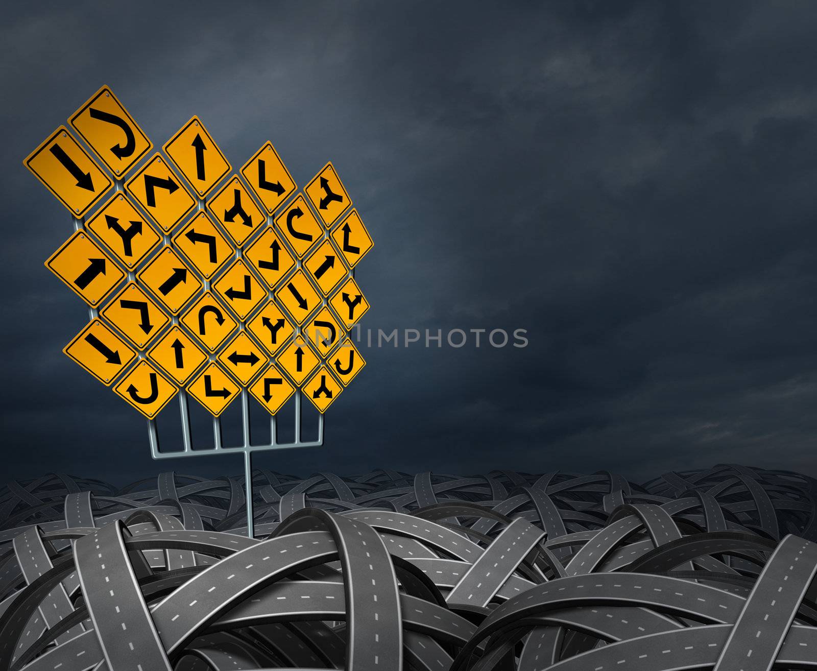 Strategy direction decisions searching for the right path for business career and education as a life  management concept with a group of yellow traffic signs with confused arrows tangled roads and highways in a chaotic path.