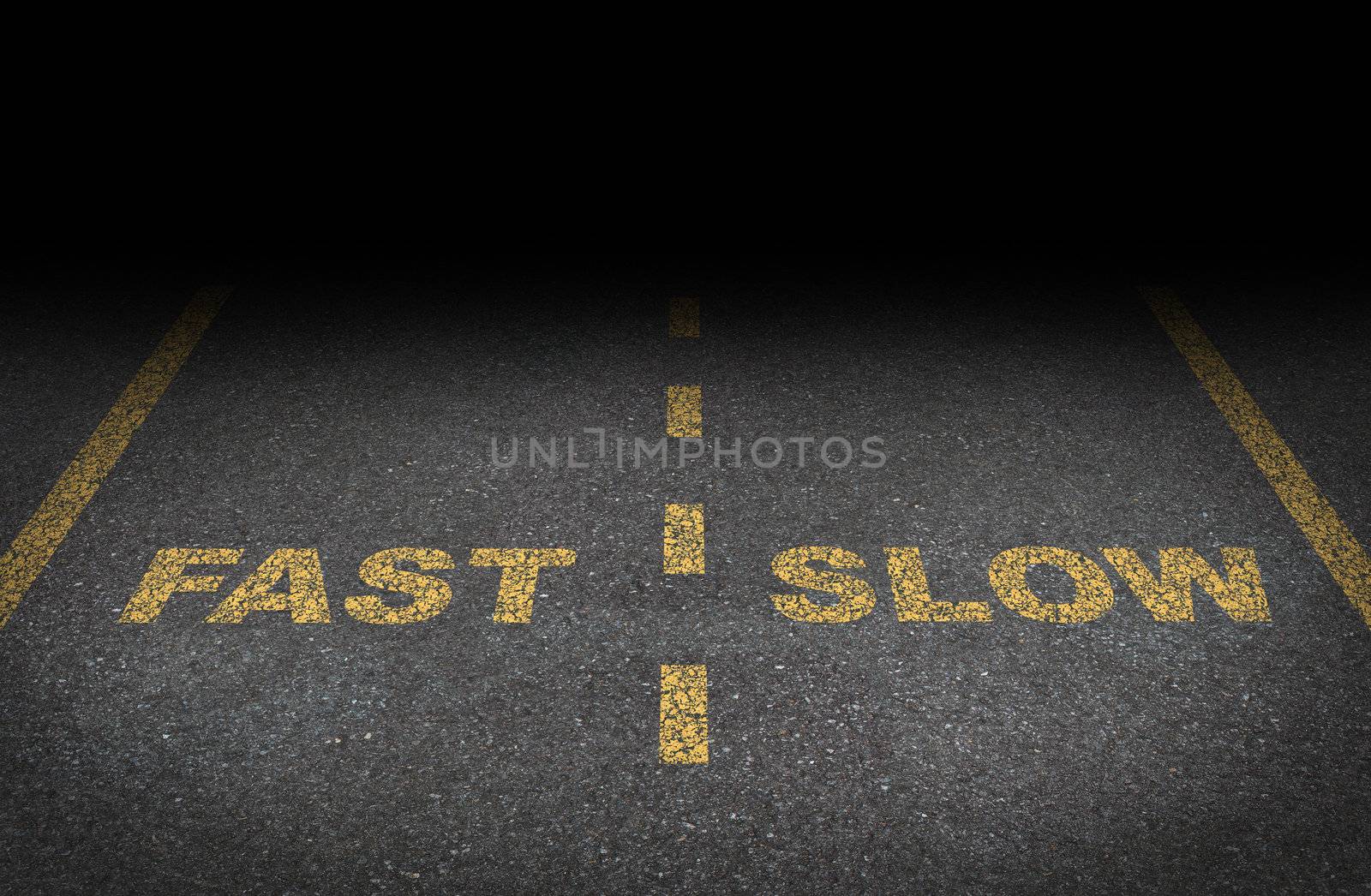 Fast and slow lanes as a business dilemma on how to proceed with a financial plan and strategy in terms of growing more conservative or aggressive growth as an asphalt road with yellow painted dividing lines.