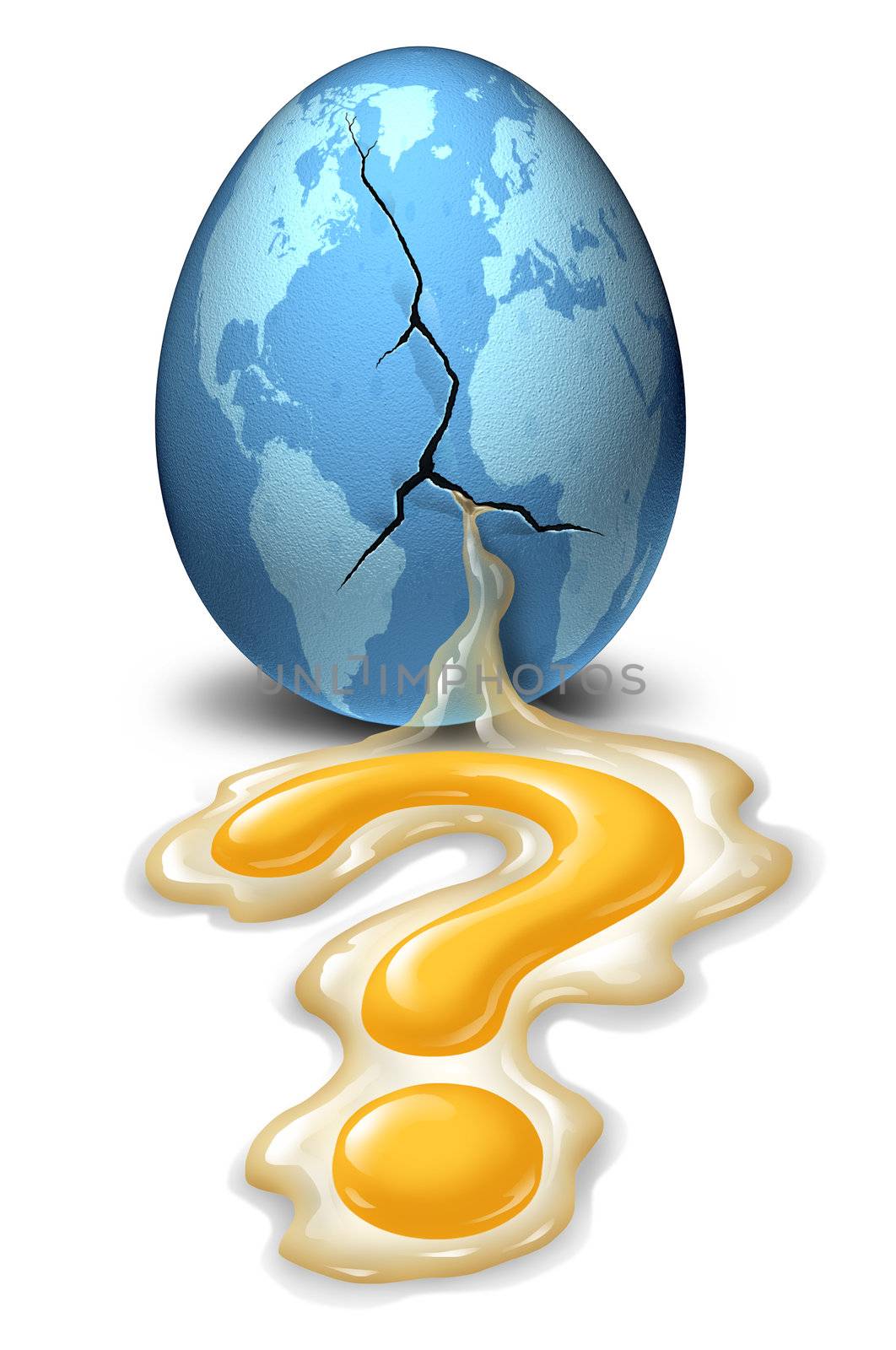 Global business questions and investing risk in a broken international economy with a cracked blue egg with the map of the world and a  yellow yolk pouring out in the shape of a question mark on white.