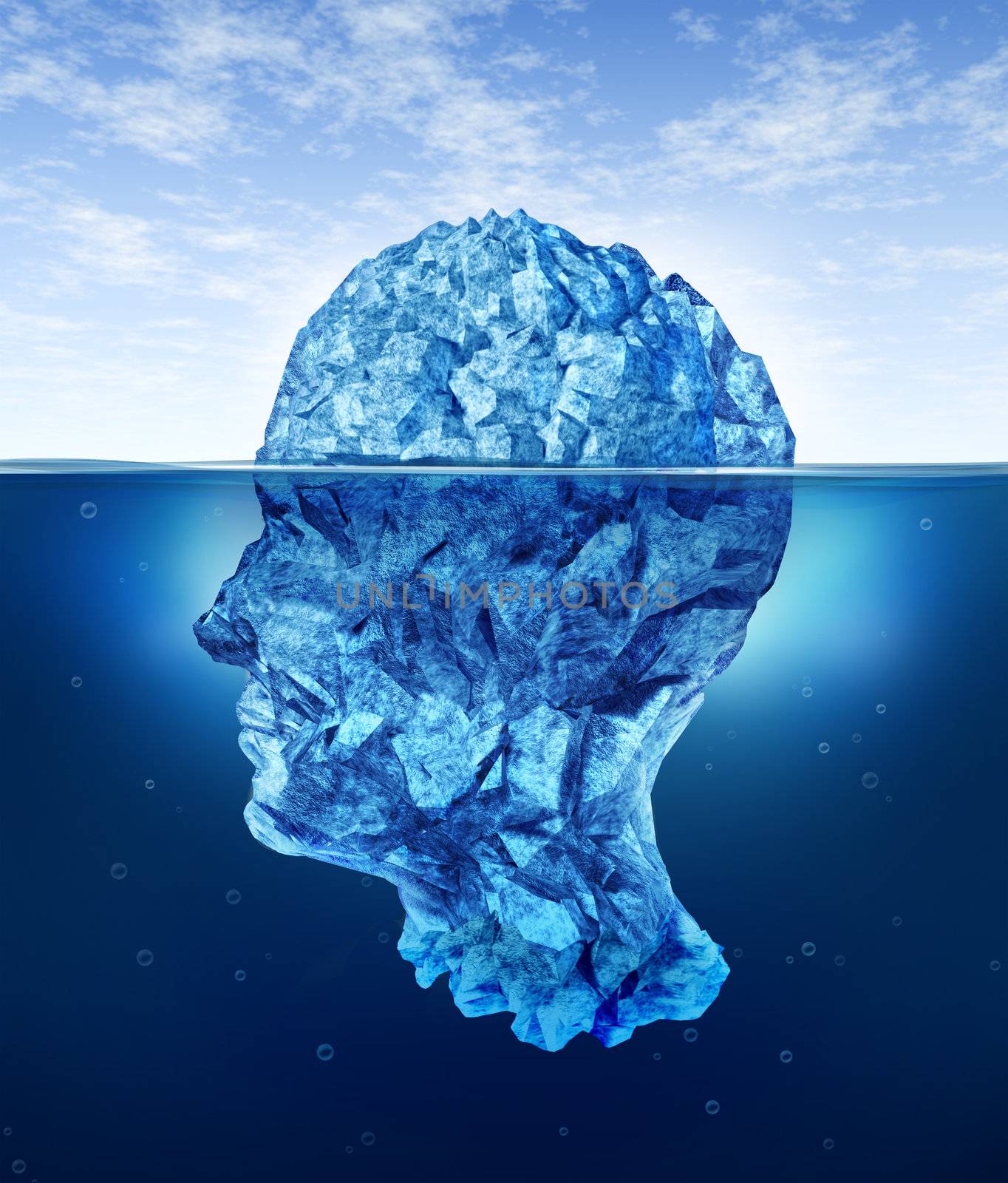 Human brain risks with an iceberg in the shape of a head partialy submerged in the cold arctic ocean as a health care medical symbol for hidden neurological and psychological symptoms.