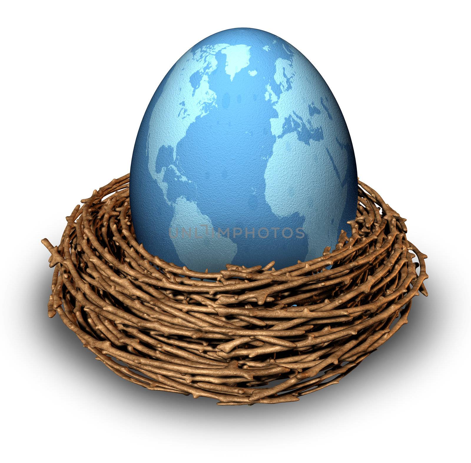 International investments and global finance business symbol with a blue egg with the map of the world in a nest as a concept of savings and money management in many countries as China Russia Europe and the United States.