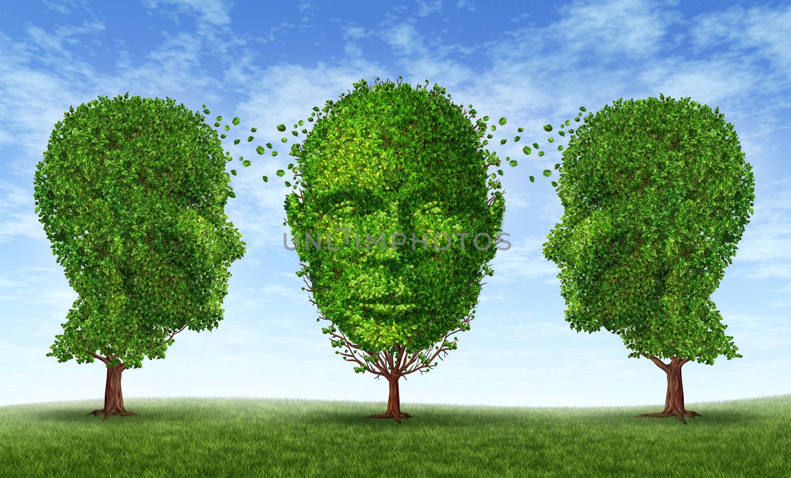 Leaderhip and learning concept as a business Training symbol and growth and education network with three trees in the shape of a human head exchanging content to acquire career skills for life success.
