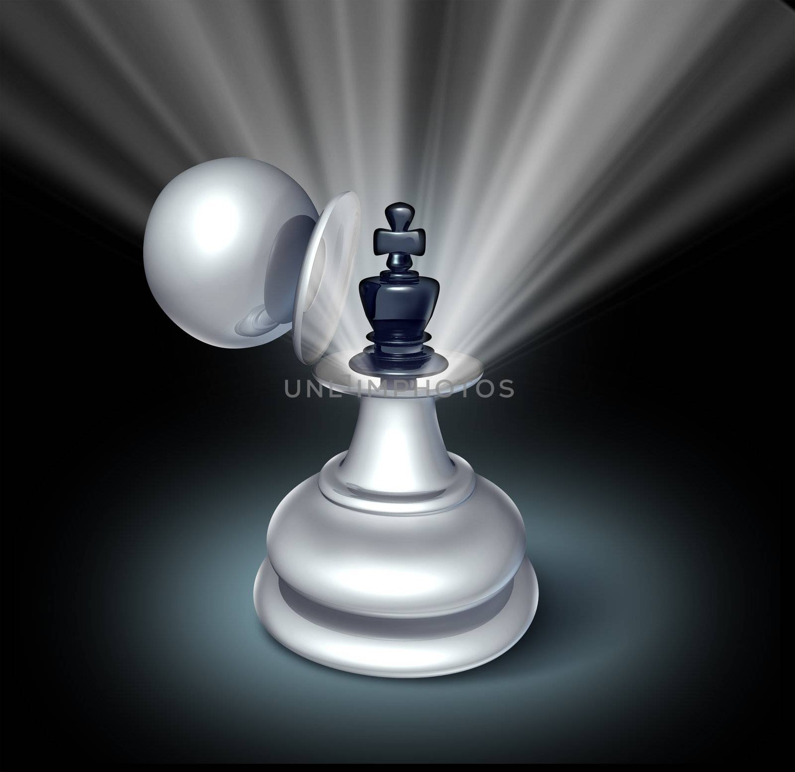Power within and Leadership potential as an emerging business as a chess game king figurine revealed inside a large pawn disguise as a concept for strategy of success with a star burst shinning light on black.