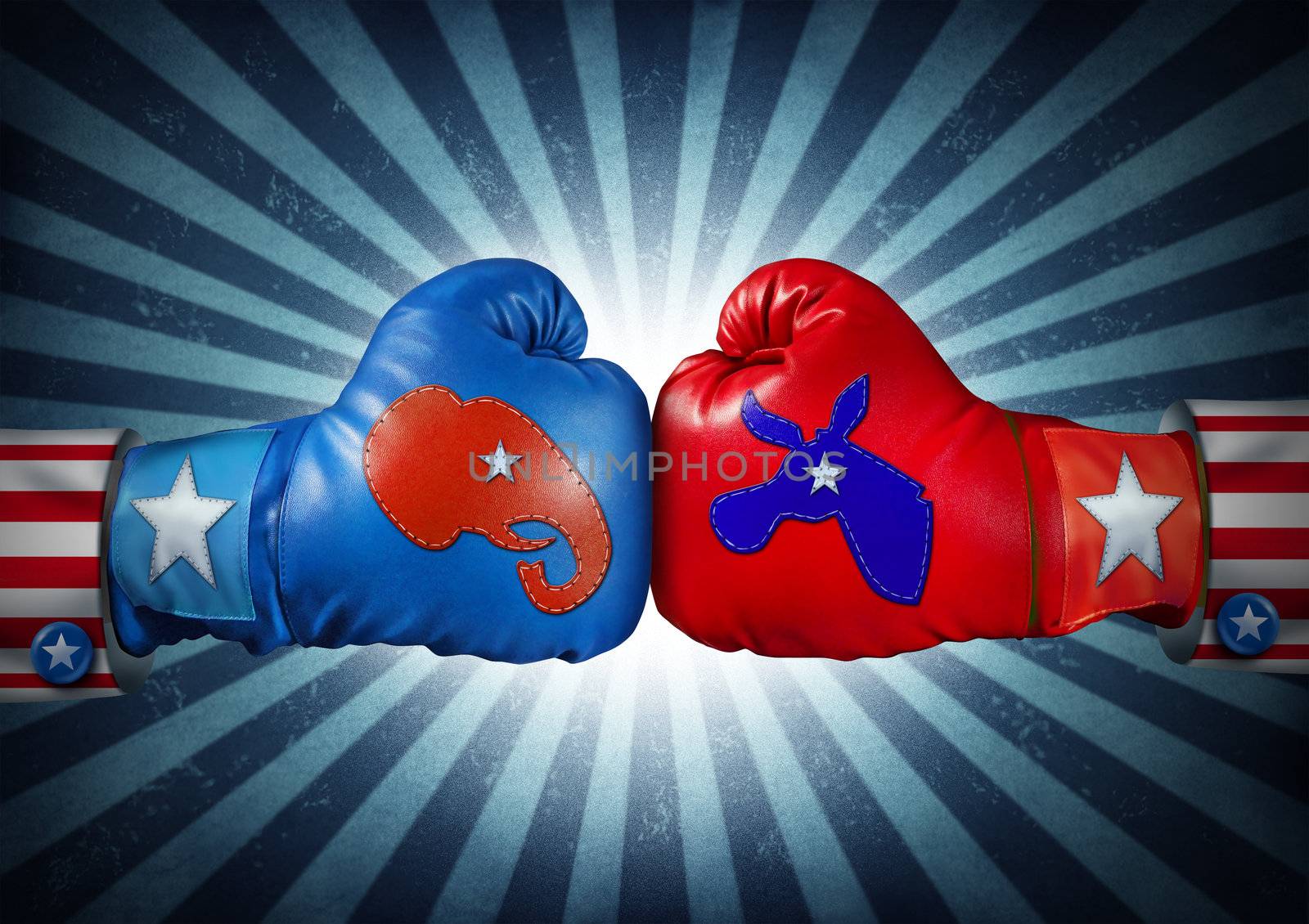 American election campaign fight as Republican versus Democrat as two boxing gloves with the elephant and donkey symbol stitched fighting for the vote of the United states presidential and government seat.