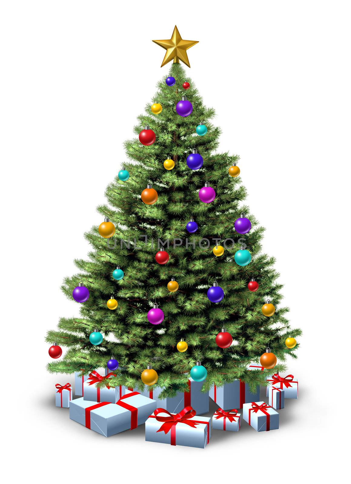 Decorated Christmas tree of natural green forest pine  with ornate decorative balls and gifts with red ribbons and bows as a  seasonal symbol of winter celebration and festive new year on a white background.