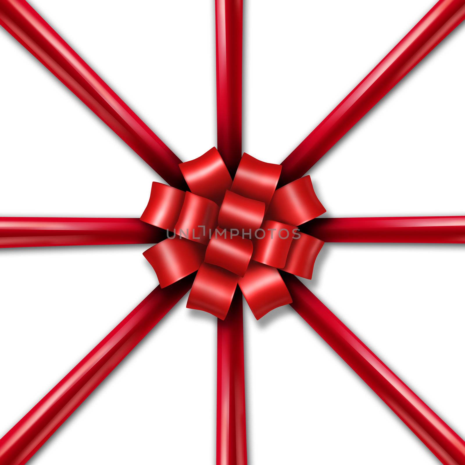 Star burst Christmas holiday red ribbon as a symbol of  a winter season tradition of gift giving and charitable spirit of the seasonal celebration on a white background.