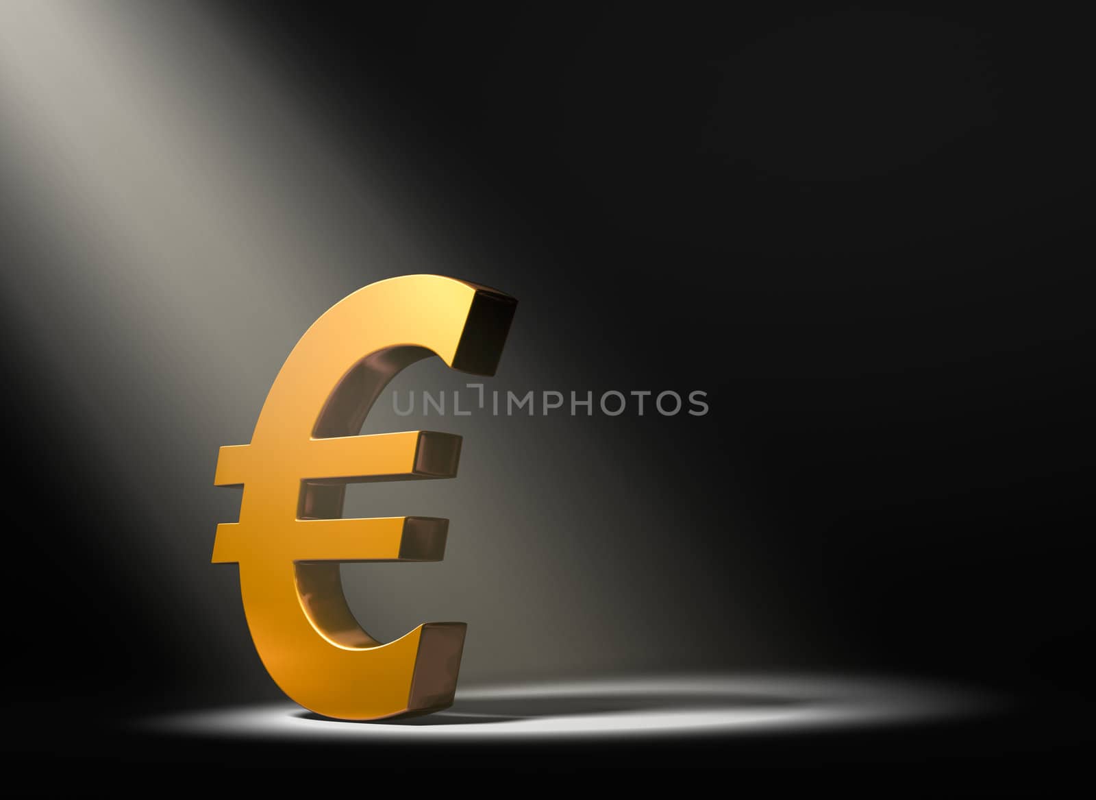 A gold Euro symbol on a black background and illuminated by a single, yellow spotlight.