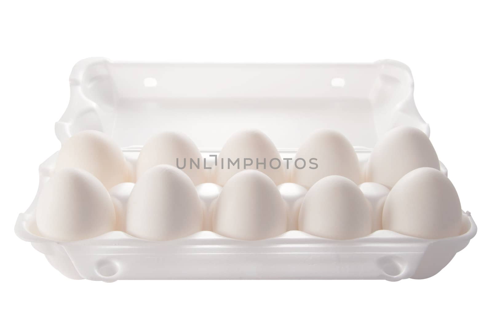 ten white eggs in packing (isolated object)