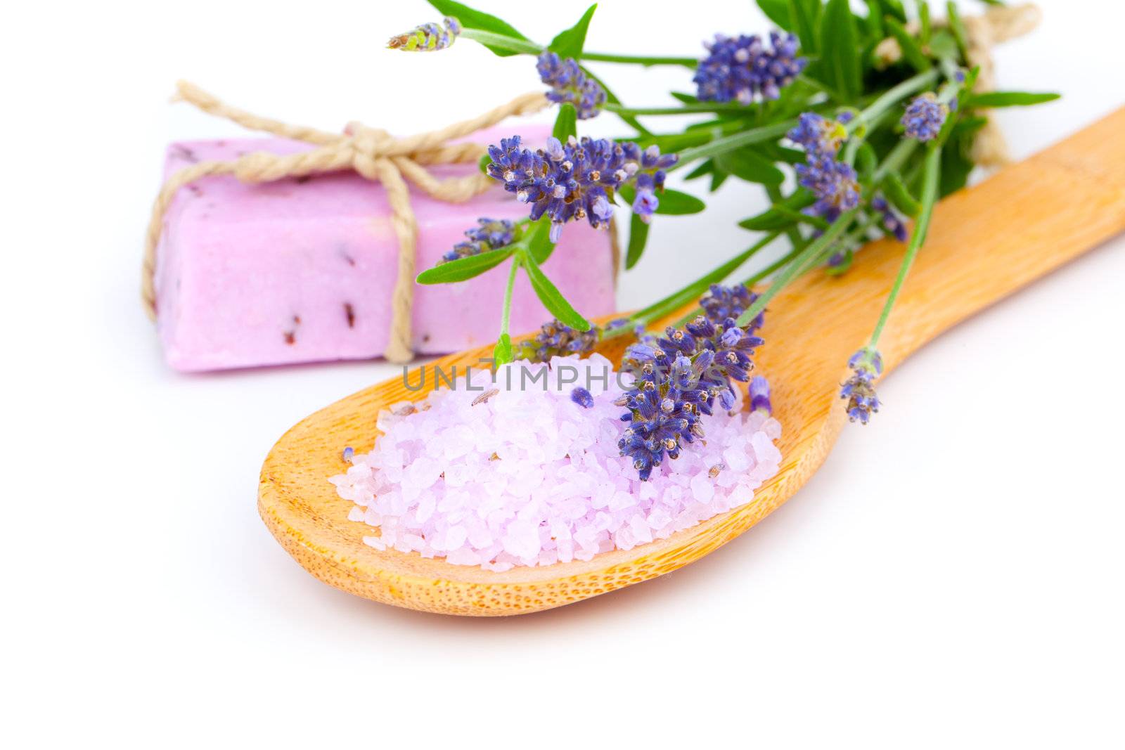 lavender bath salt, soap and flower on white background