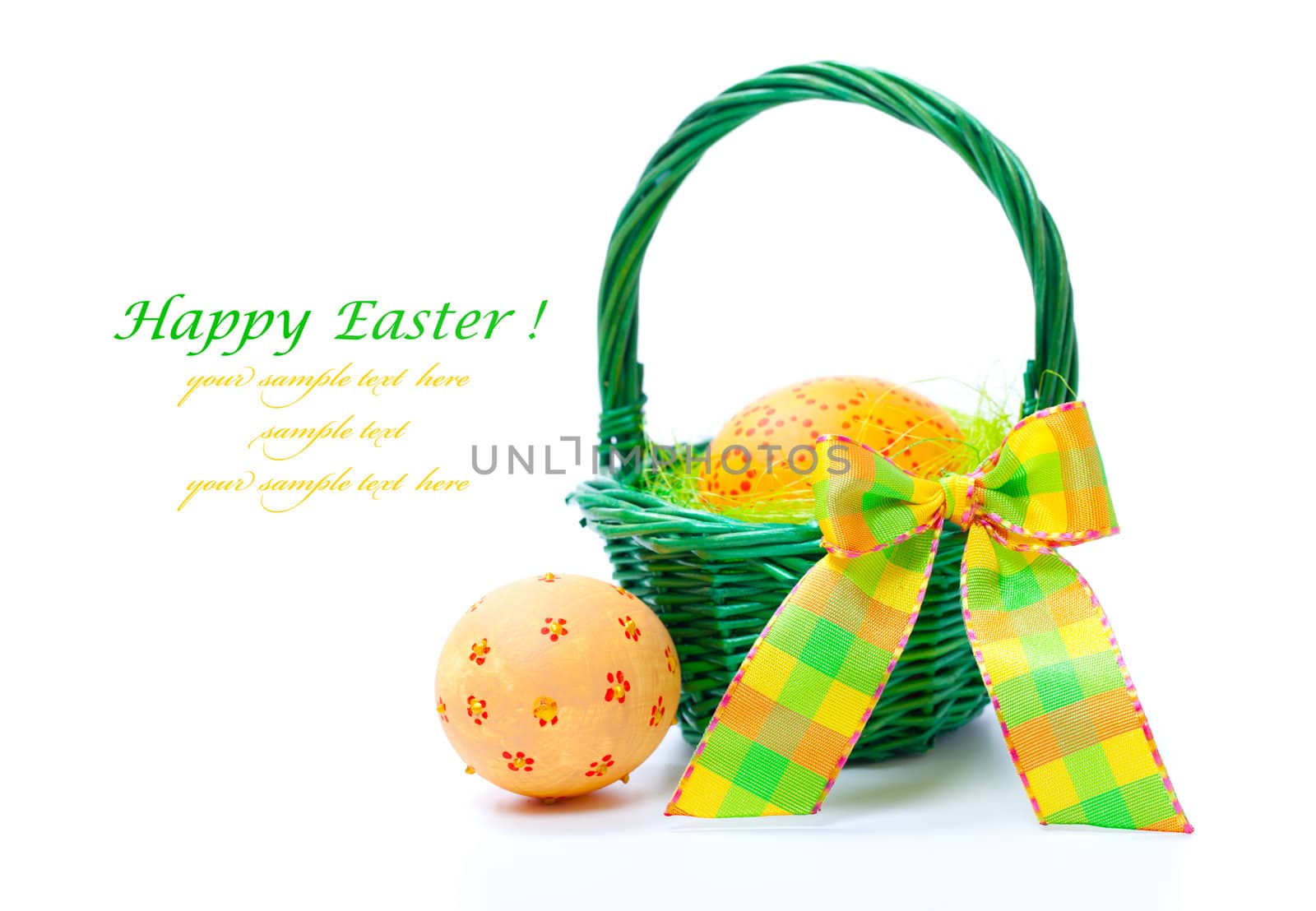 painted easter eggs in basket, isolated on white background.