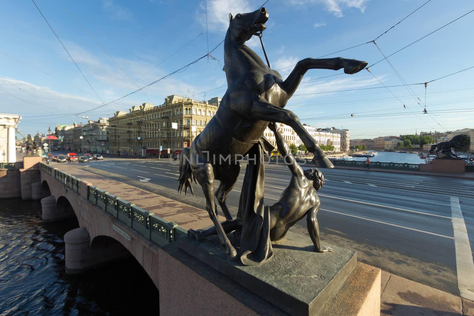 Sculpture of "The Taming of the Horse" by sculptor Klodt - the symbol of St. Petersburg. Russia. Rare shooting angle - from a height above the level of the human eye - is made with a special lift
