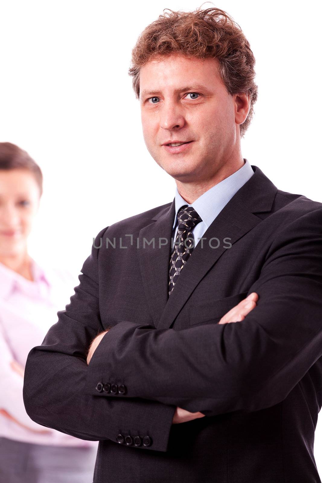 business man portrait business woman in background isolated on white 