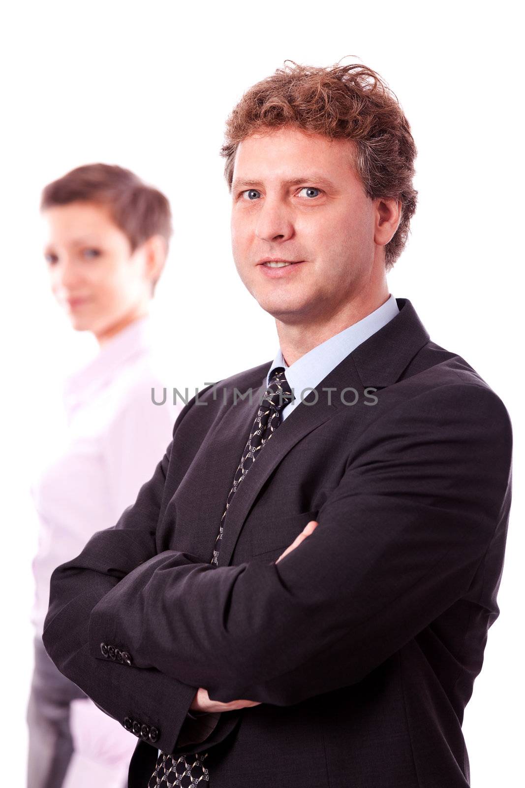 business man portrait business woman in background isolated on white 