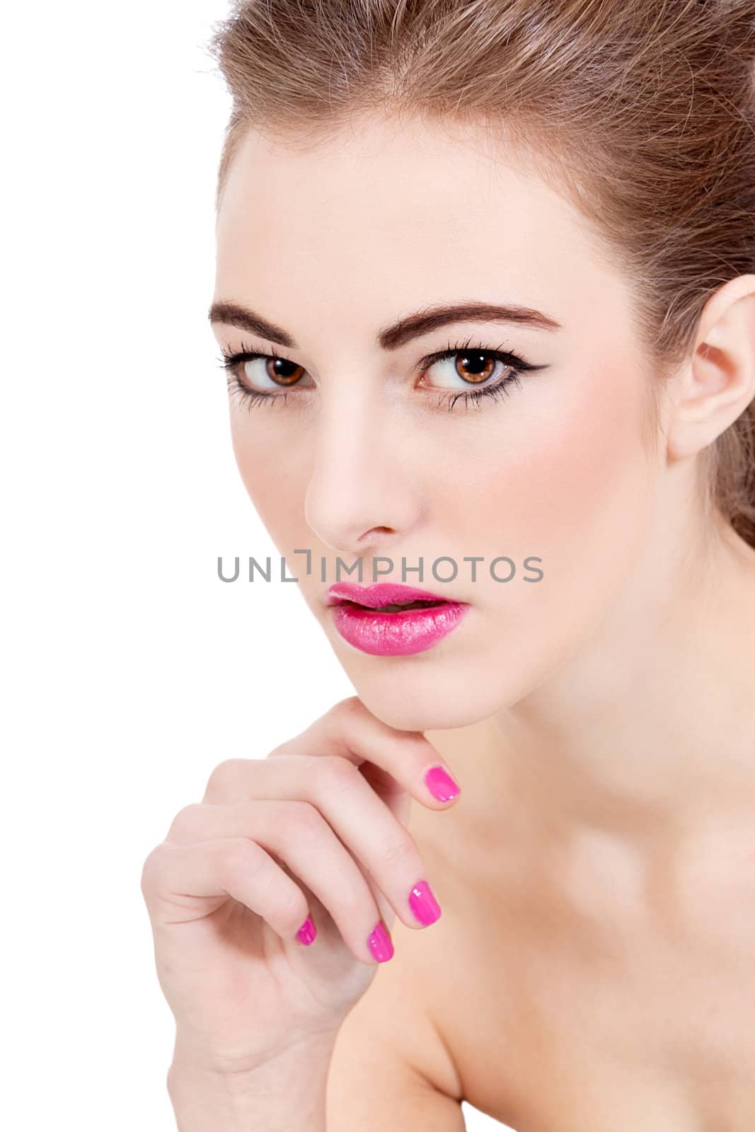 beautiful brunette woman with pink lips isolated on white background