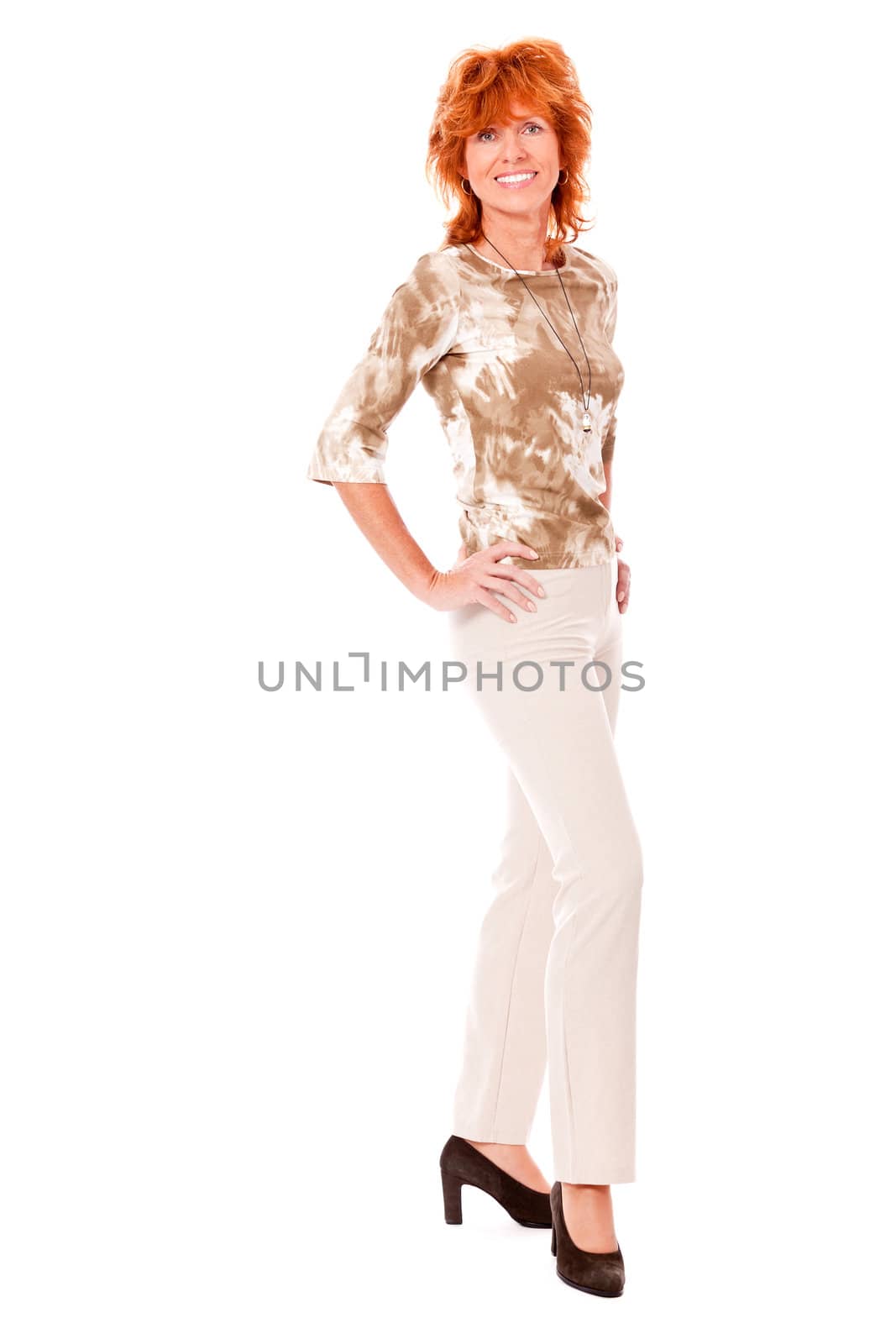 brunette woman in casual outfit is smiling portrait isolated on white background