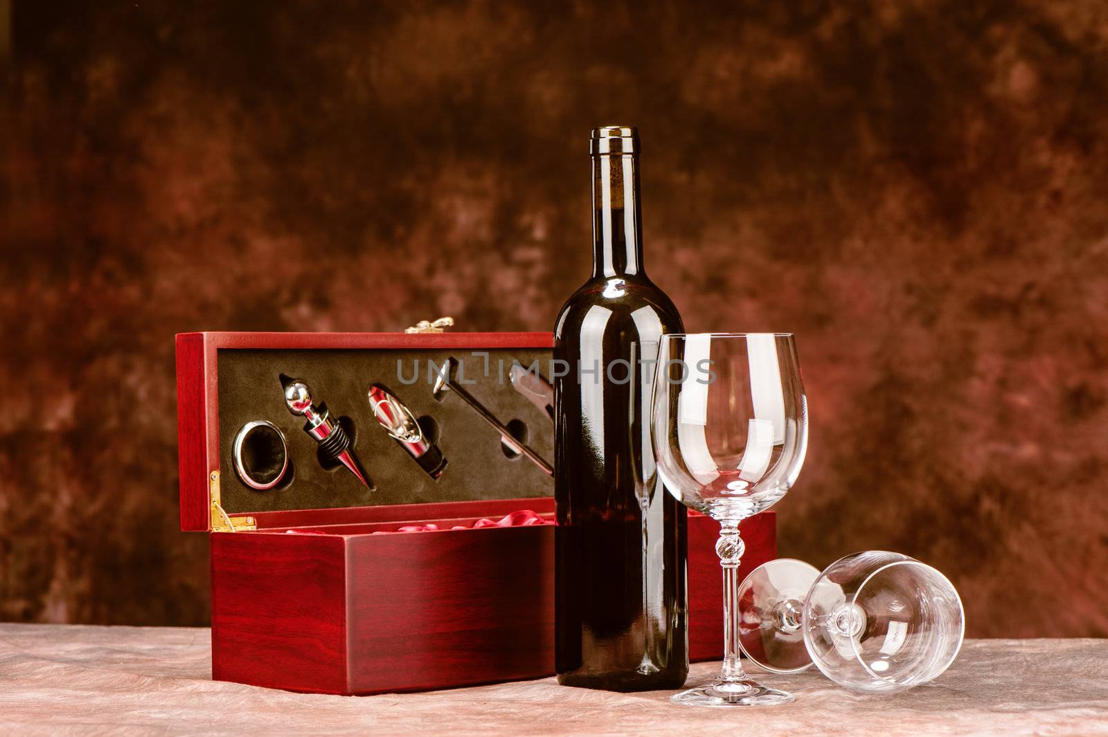 Wine set with bottle and two glasses