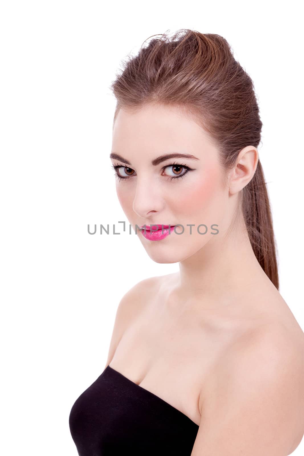 beautiful brunette woman with pink lips isolated on white background