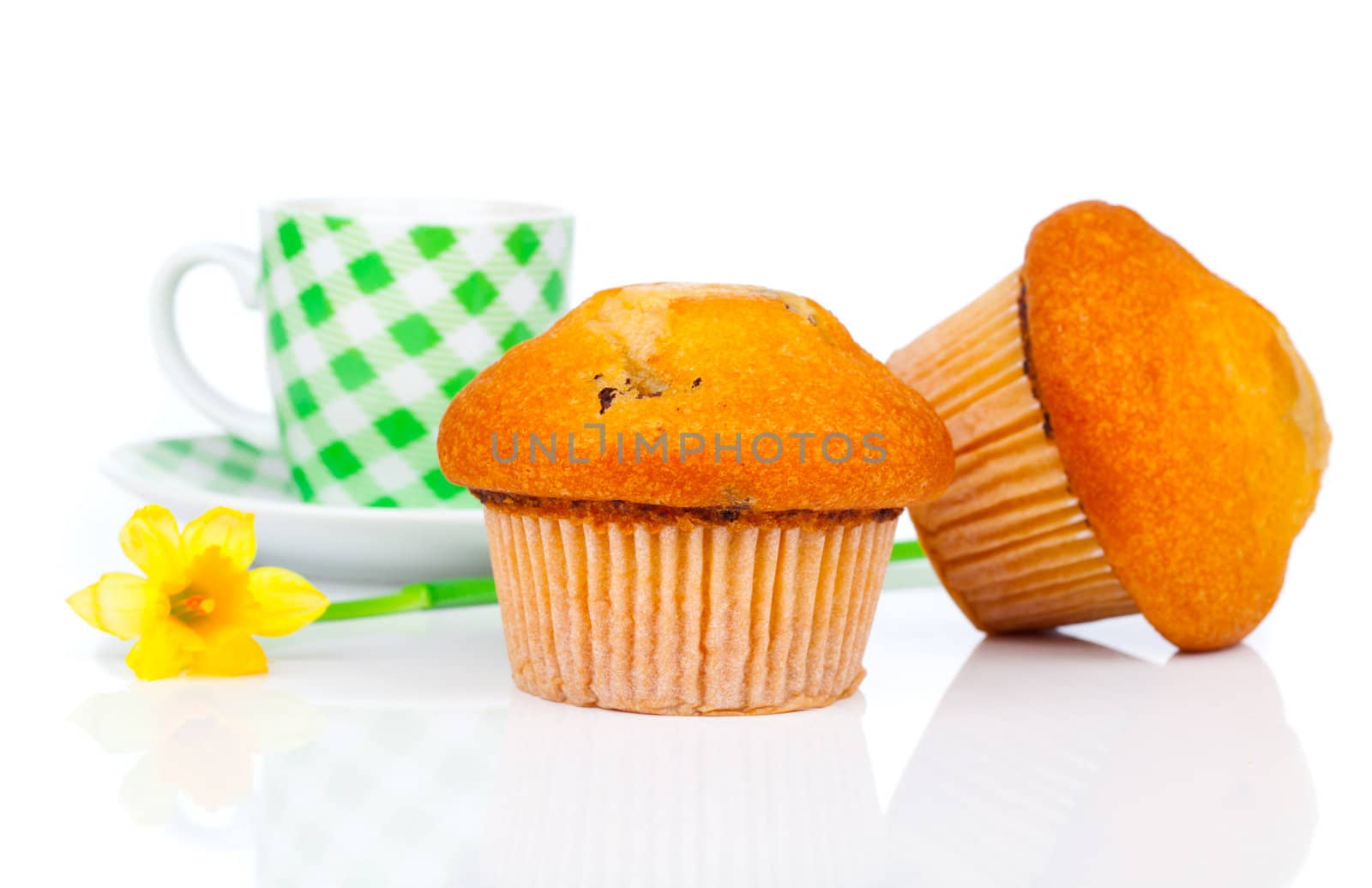 muffin with coffee cup, isolated on white background.