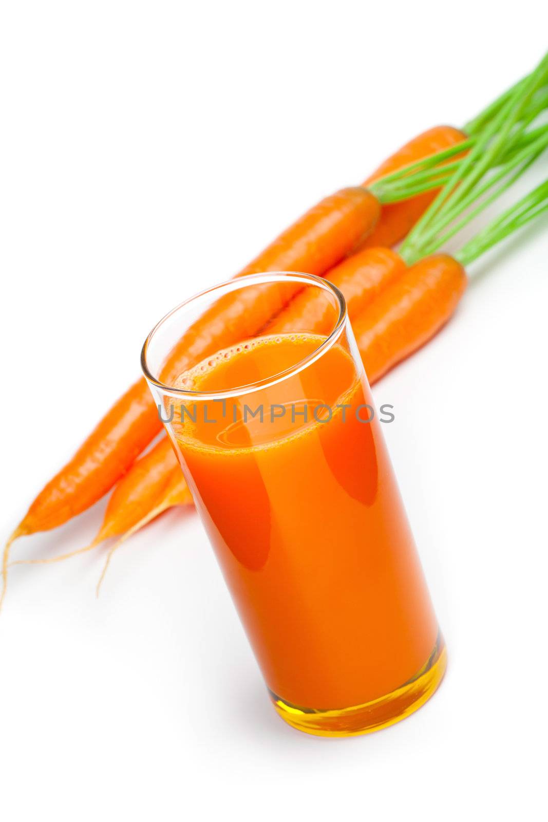 Carrot juice and fresh carrot, isolated on white background