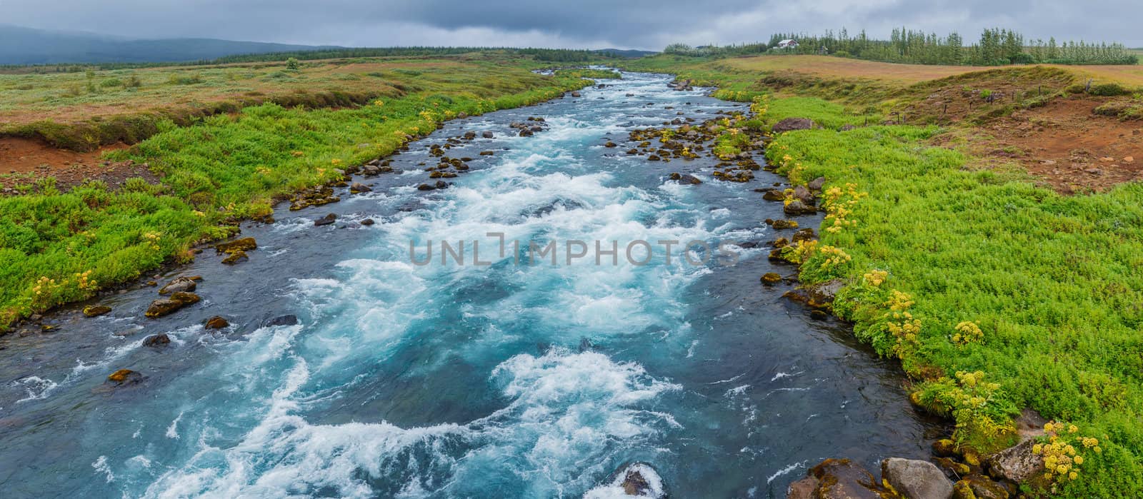 Glacier great fast blue river with green banks in Iceland