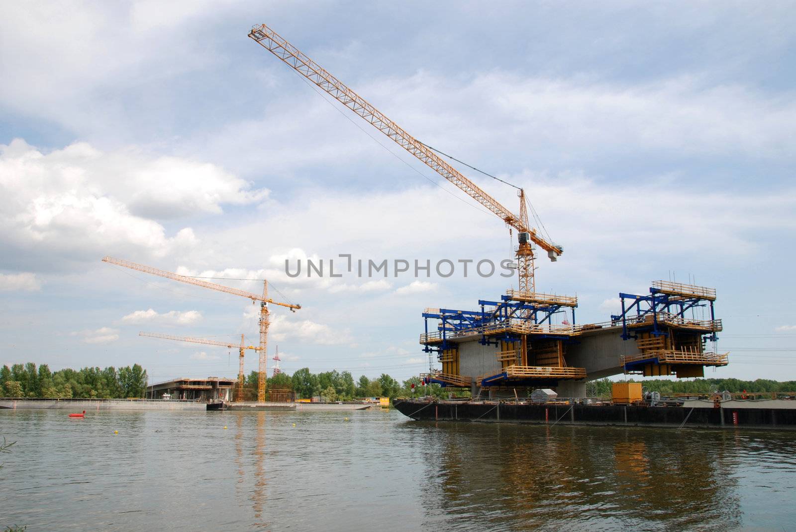 Construction of a large bridge across the river Danube