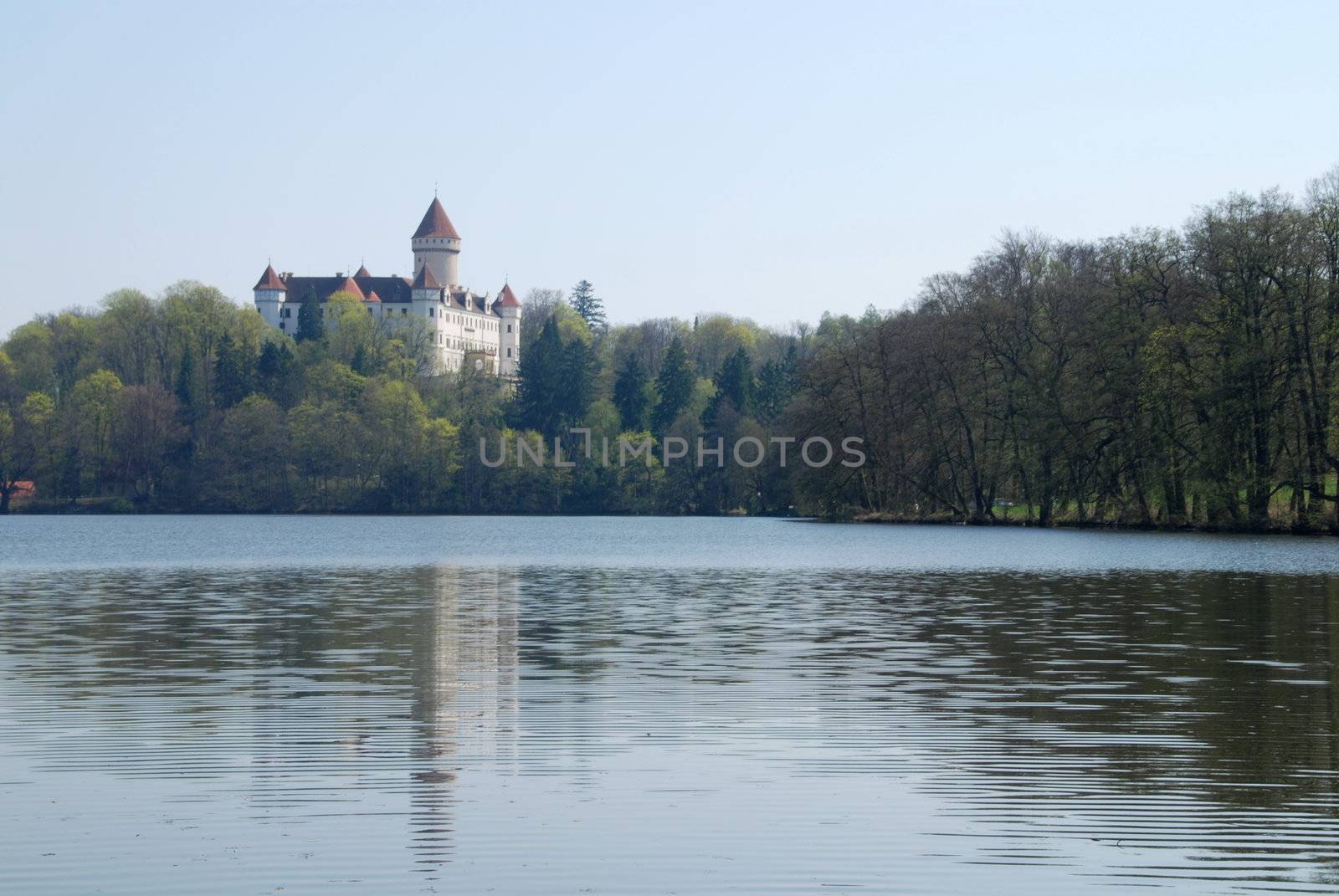 Beautiful castle Konopiste is reflecting in the pond, Czech Republic