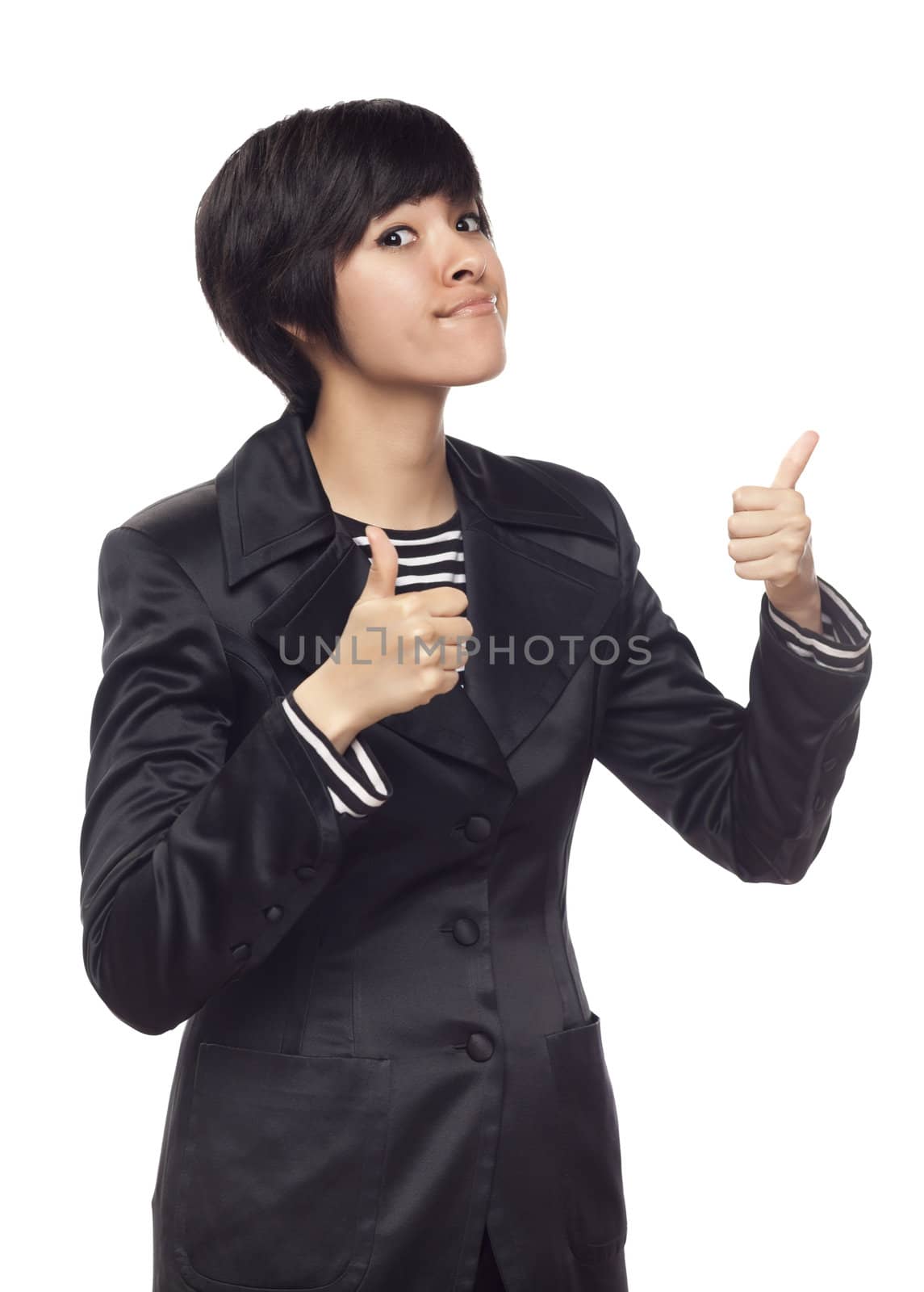 Happy Young Mixed Race Woman With Two Thumbs Up Isolated on a White Background.