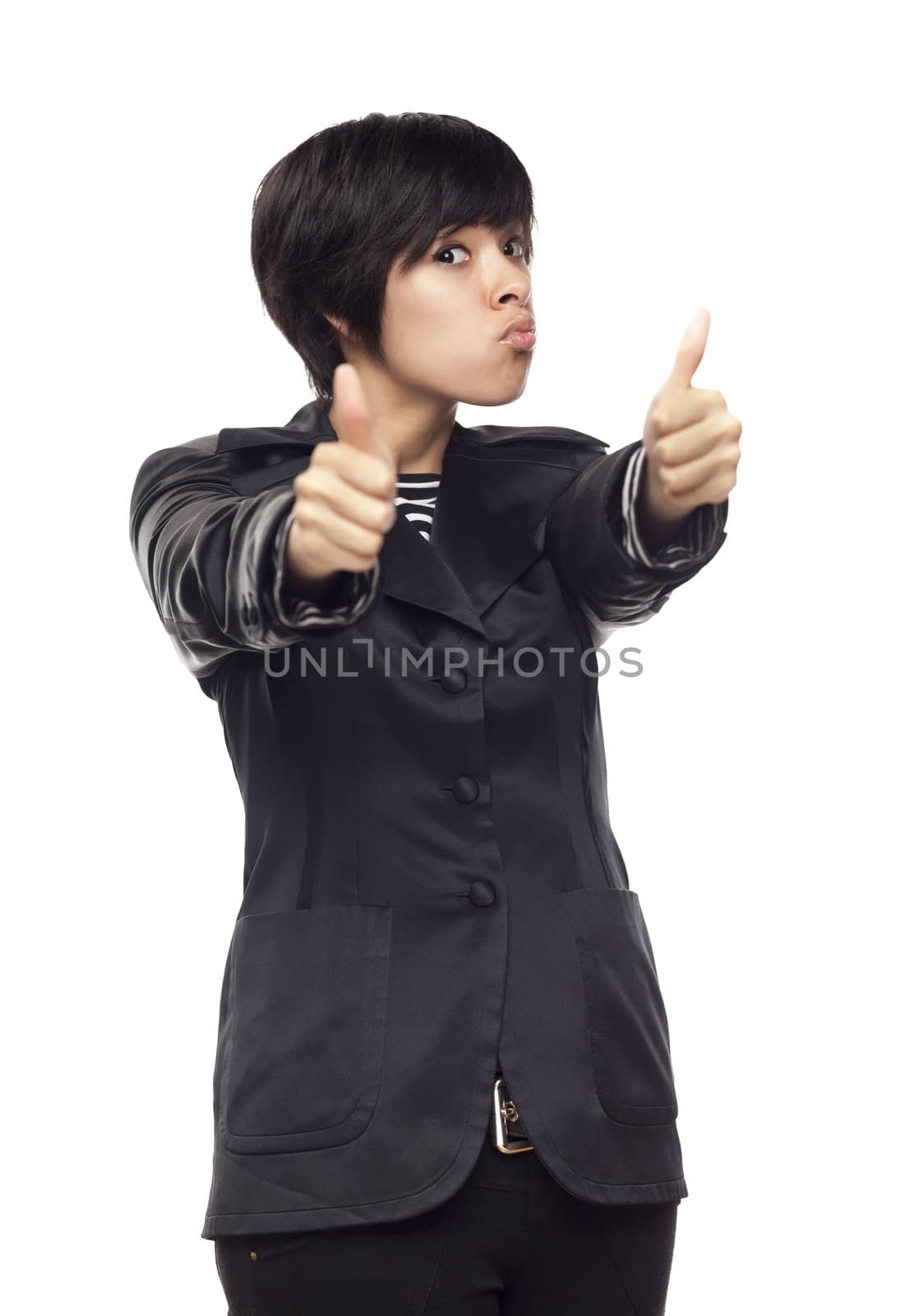 Happy Young Mixed Race Woman With Thumbs Up on White by Feverpitched