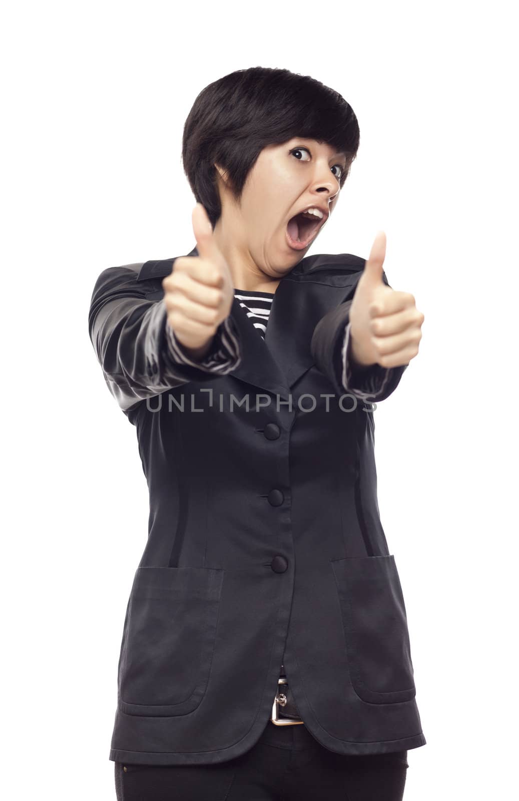 Happy Young Mixed Race Woman With Thumbs Up on White by Feverpitched