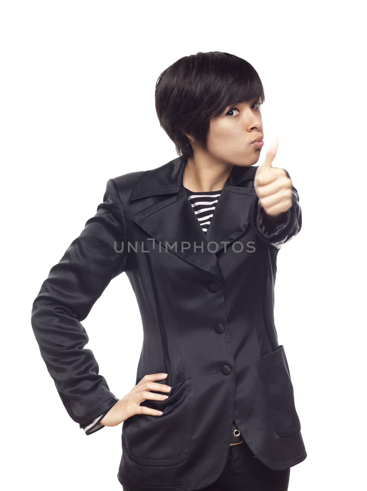 Happy Young Mixed Race Woman With Two Thumbs Up Isolated on a White Background.