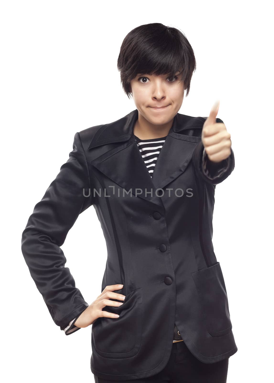 Happy Young Mixed Race Woman With Thumbs Up on White by Feverpitched