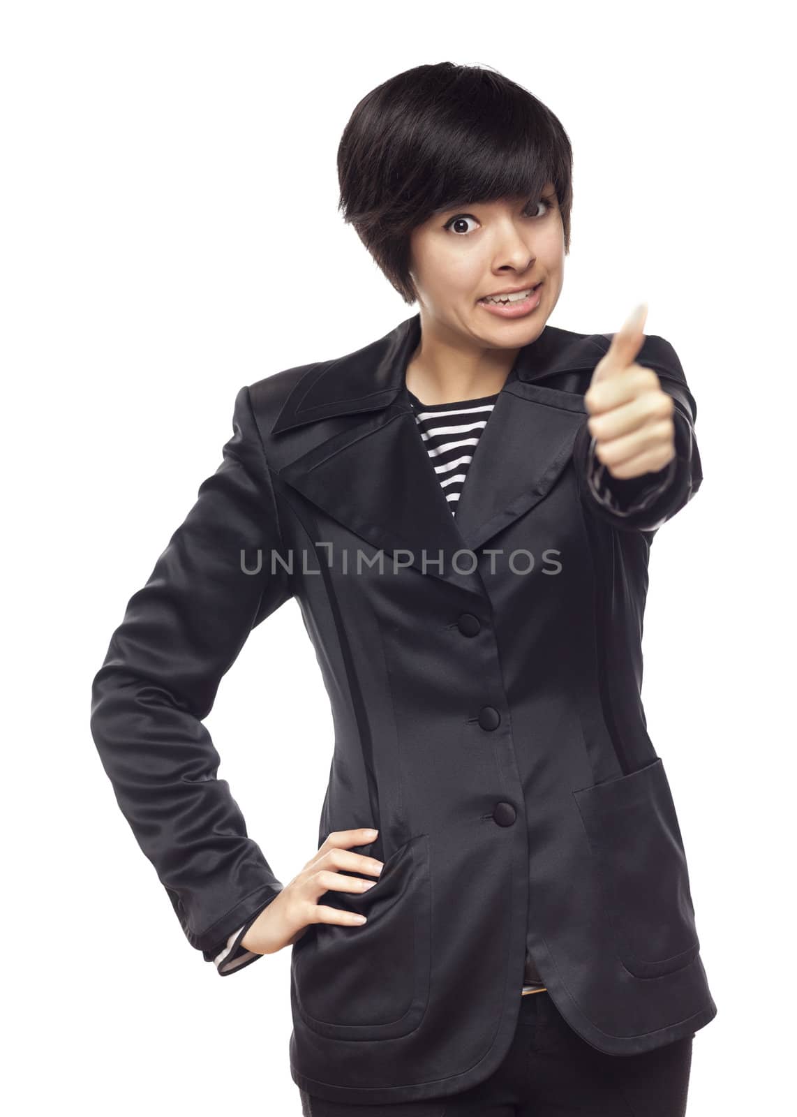 Happy Young Mixed Race Woman With Two Thumbs Up Isolated on a White Background.