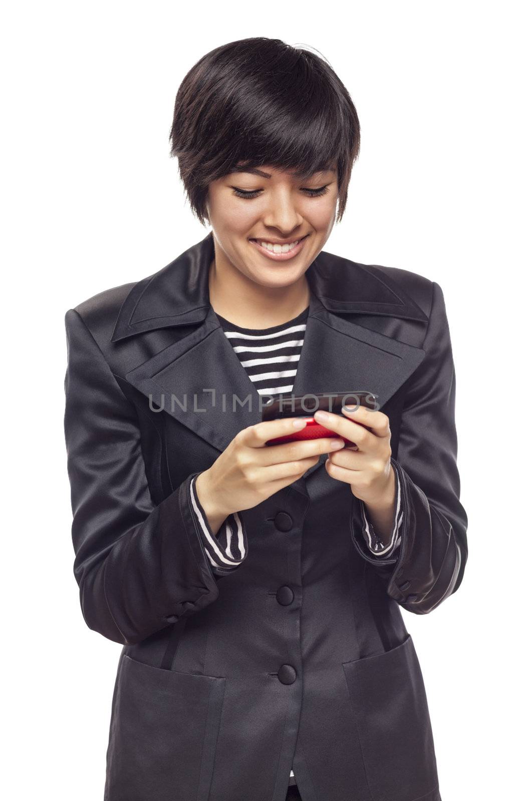 Expressive Mixed Race Woman with Cell Phone on White by Feverpitched