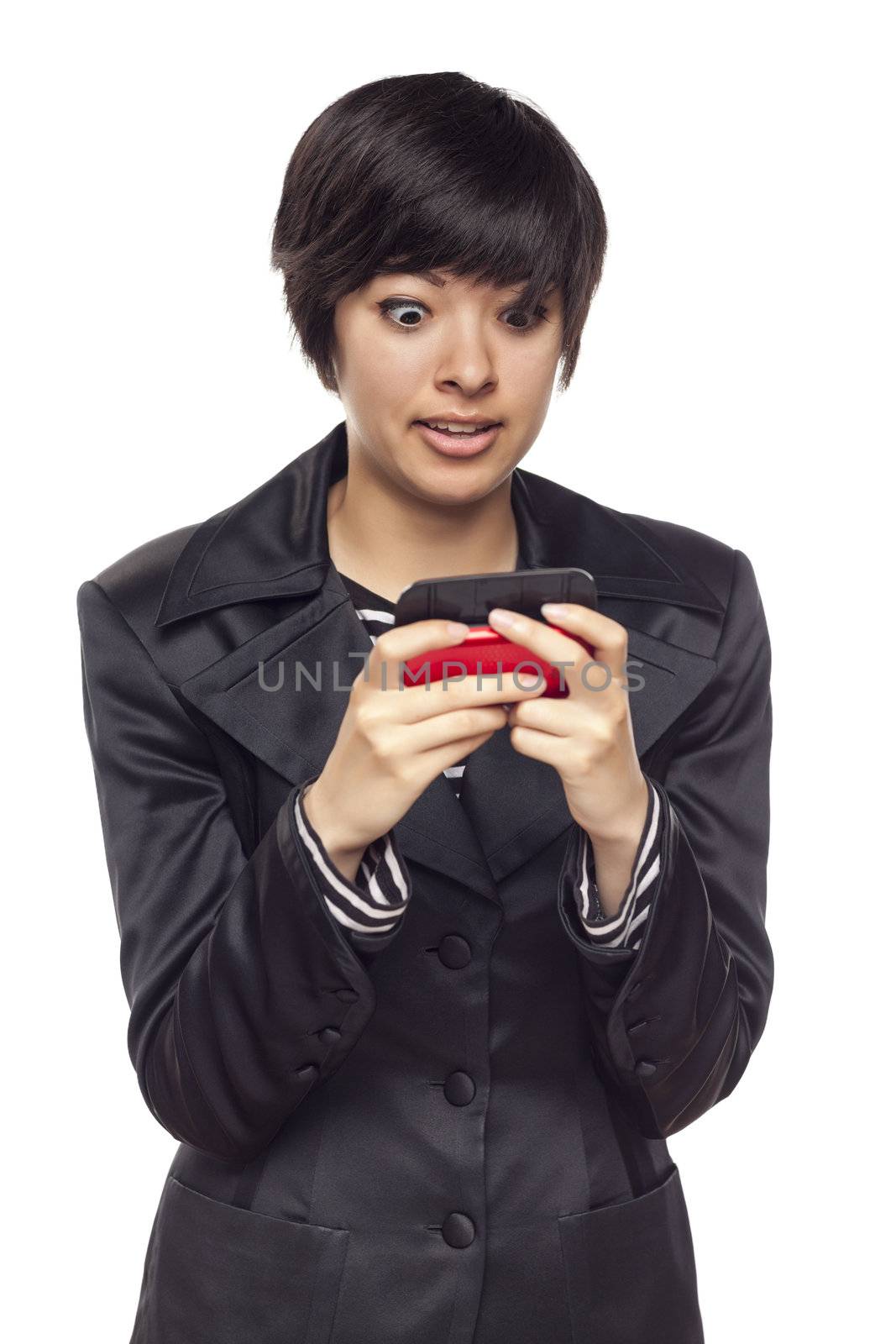 Attractive and Expressive Mixed Race Woman with Cell Phone Isolated on a White Background.