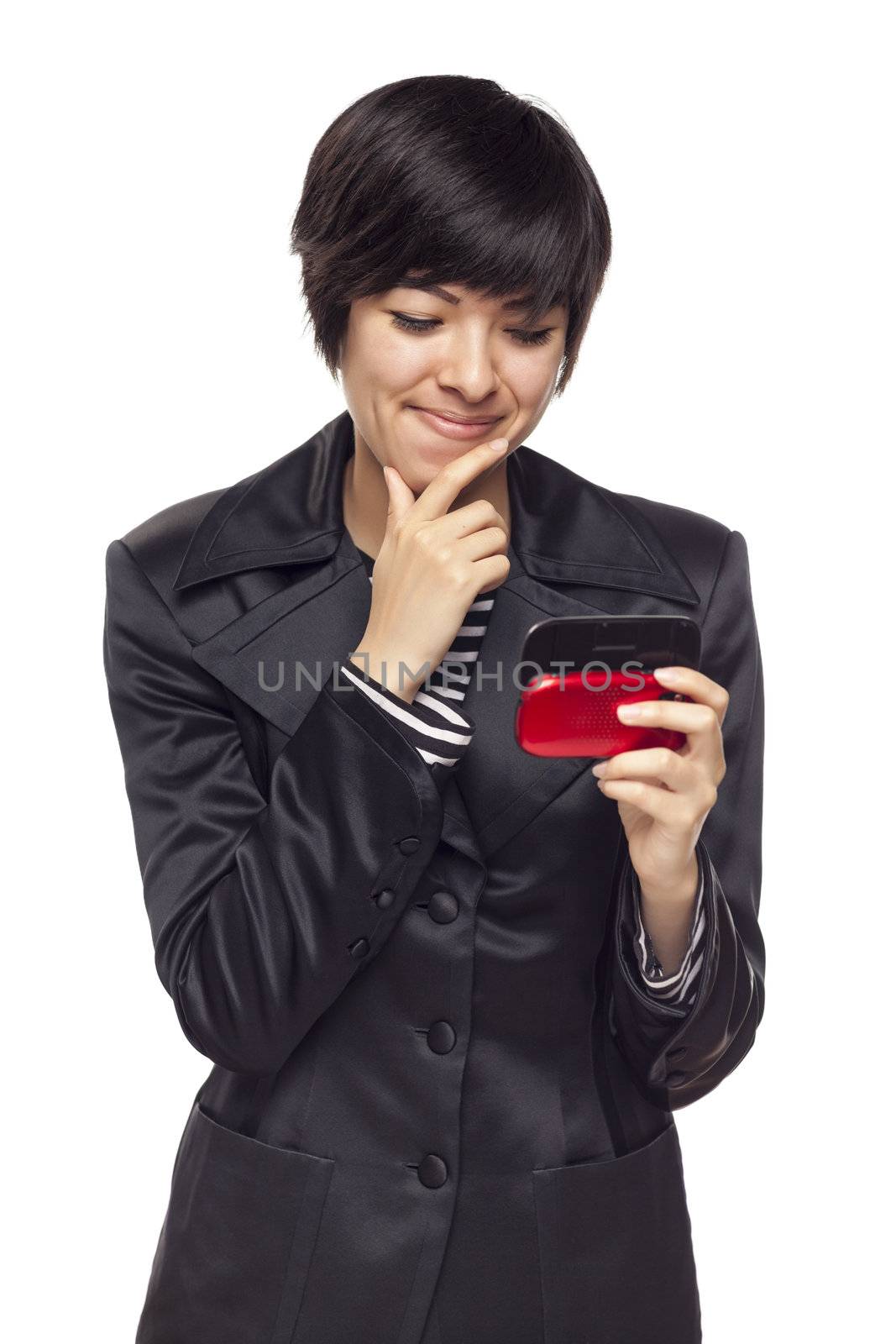 Attractive and Expressive Mixed Race Woman with Cell Phone Isolated on a White Background.