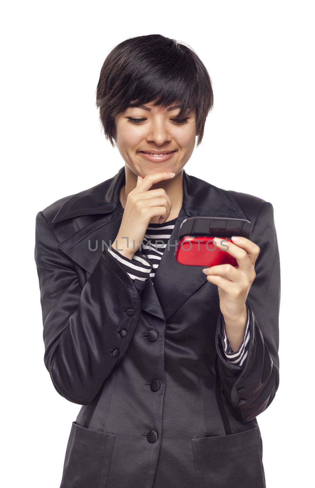 Attractive and Expressive Mixed Race Woman with Cell Phone Isolated on a White Background.