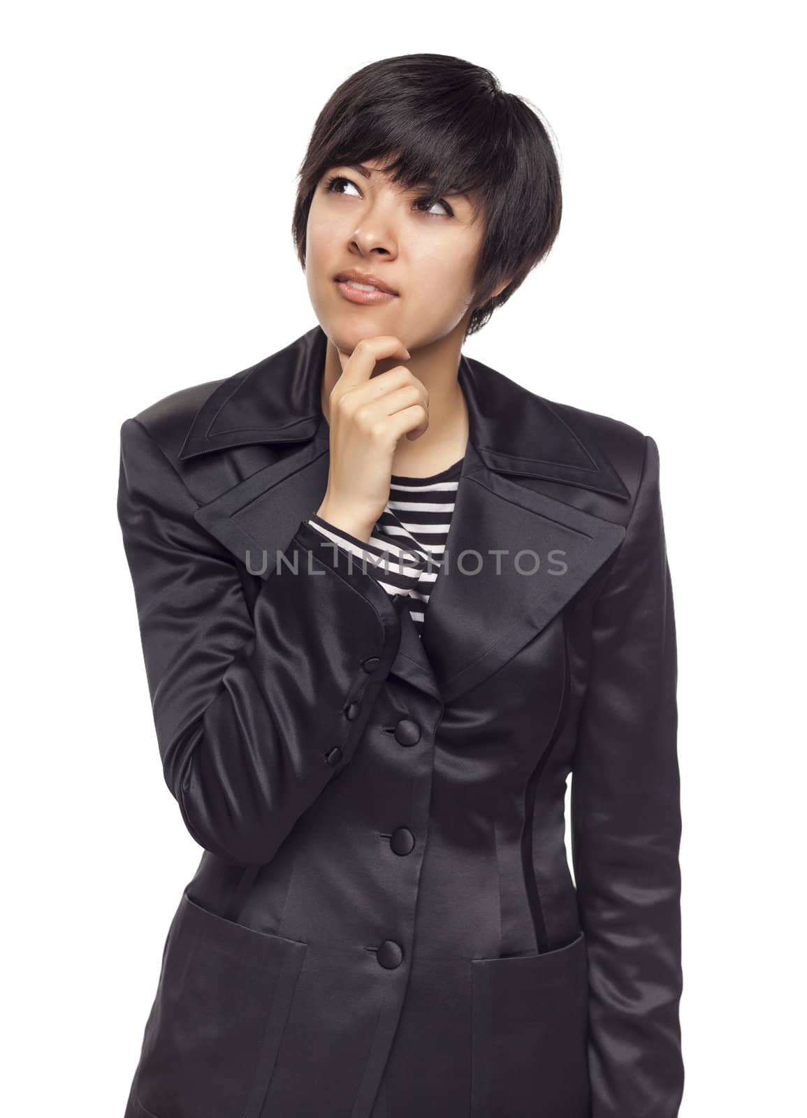 Pretty Thinking Mixed Race Young Adult Woman Looking Up and Over Isolated on a White Background.