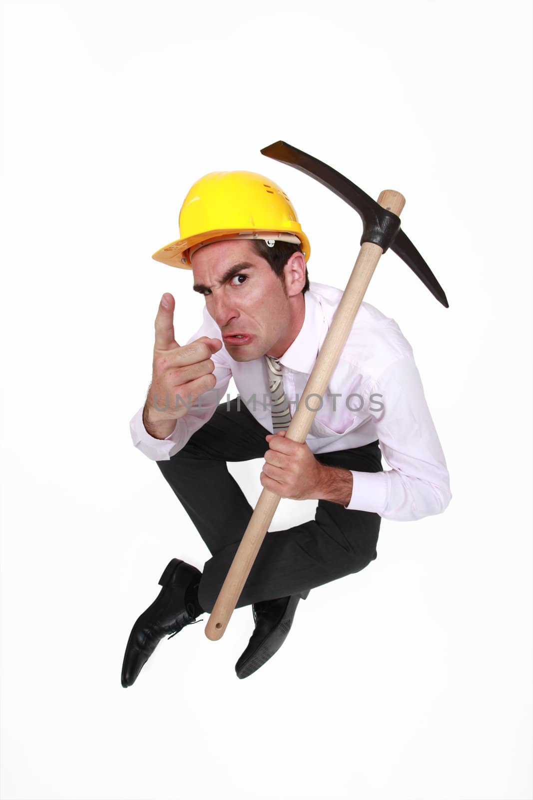 foreman with pickaxe looking authoritative